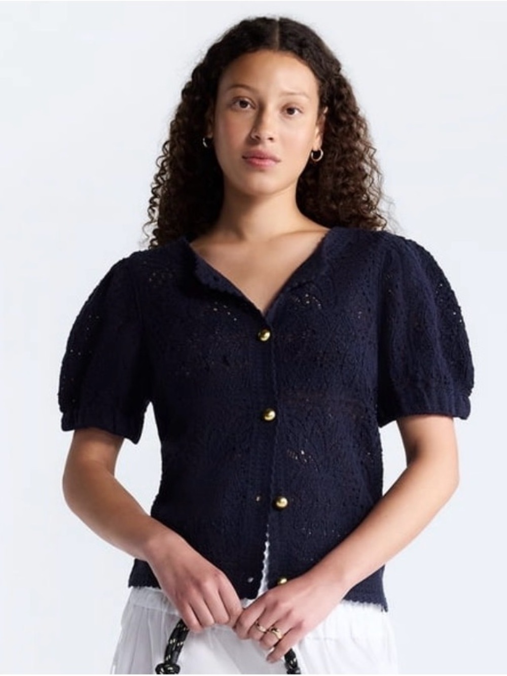 Preppy cottagecore pineapple cardigan sweater with puff sleeves